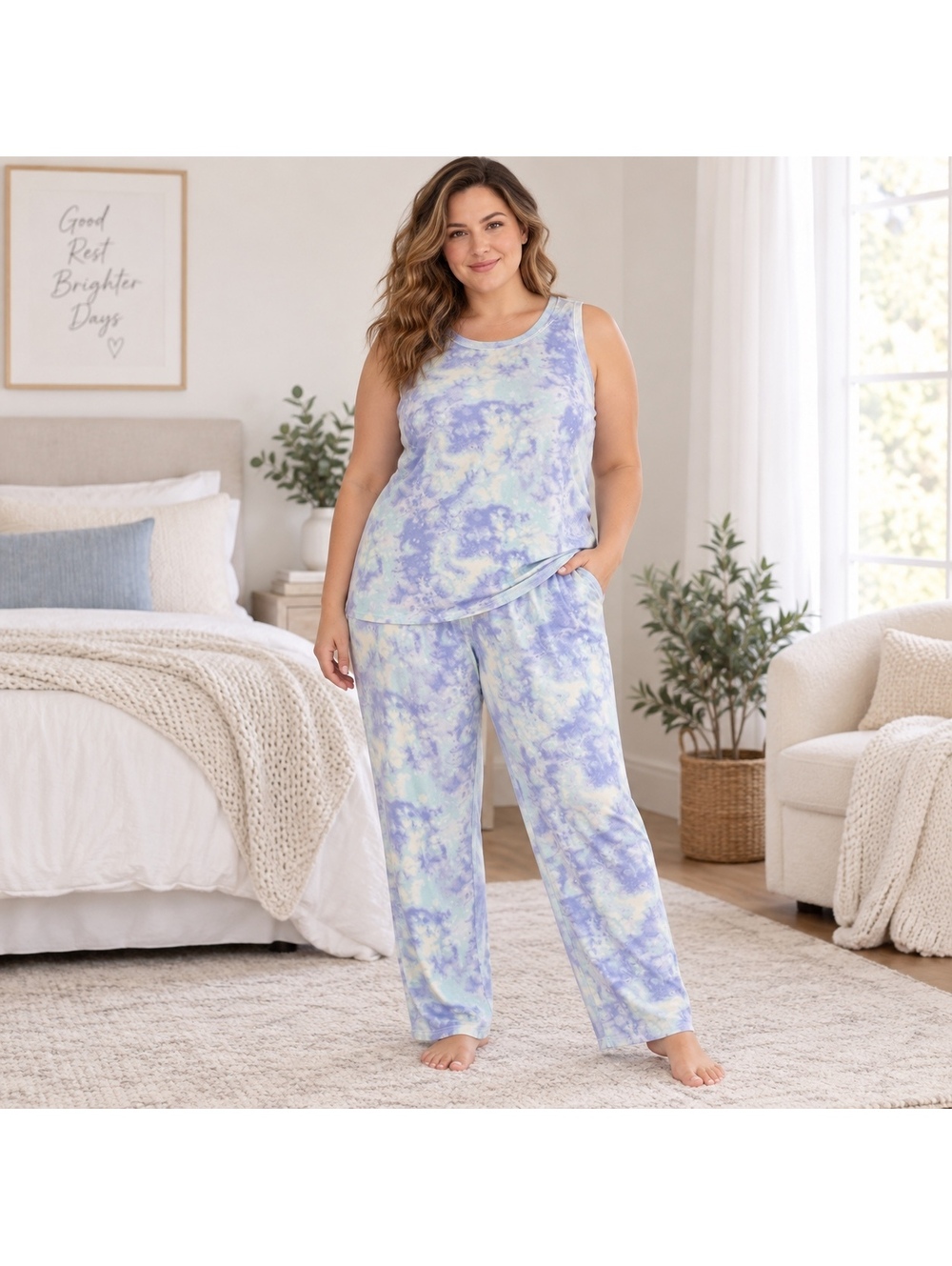 Carole Hochman XL Tie Dye Pajama Set Tank Top & Pants Blue Purple Lounge Set